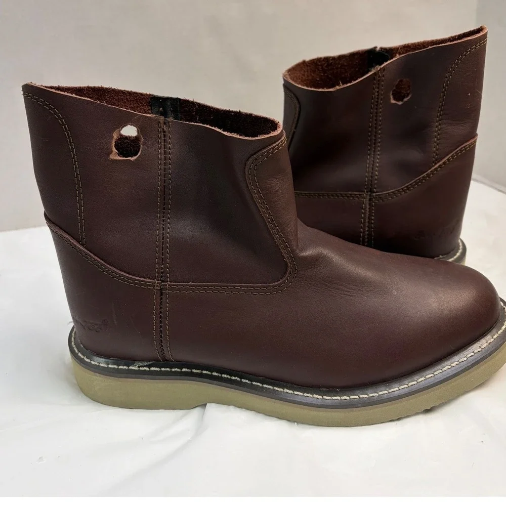 AdTec Mens Brown Leather Wellington Work Boots Pull On Wedge Sole Round Toe